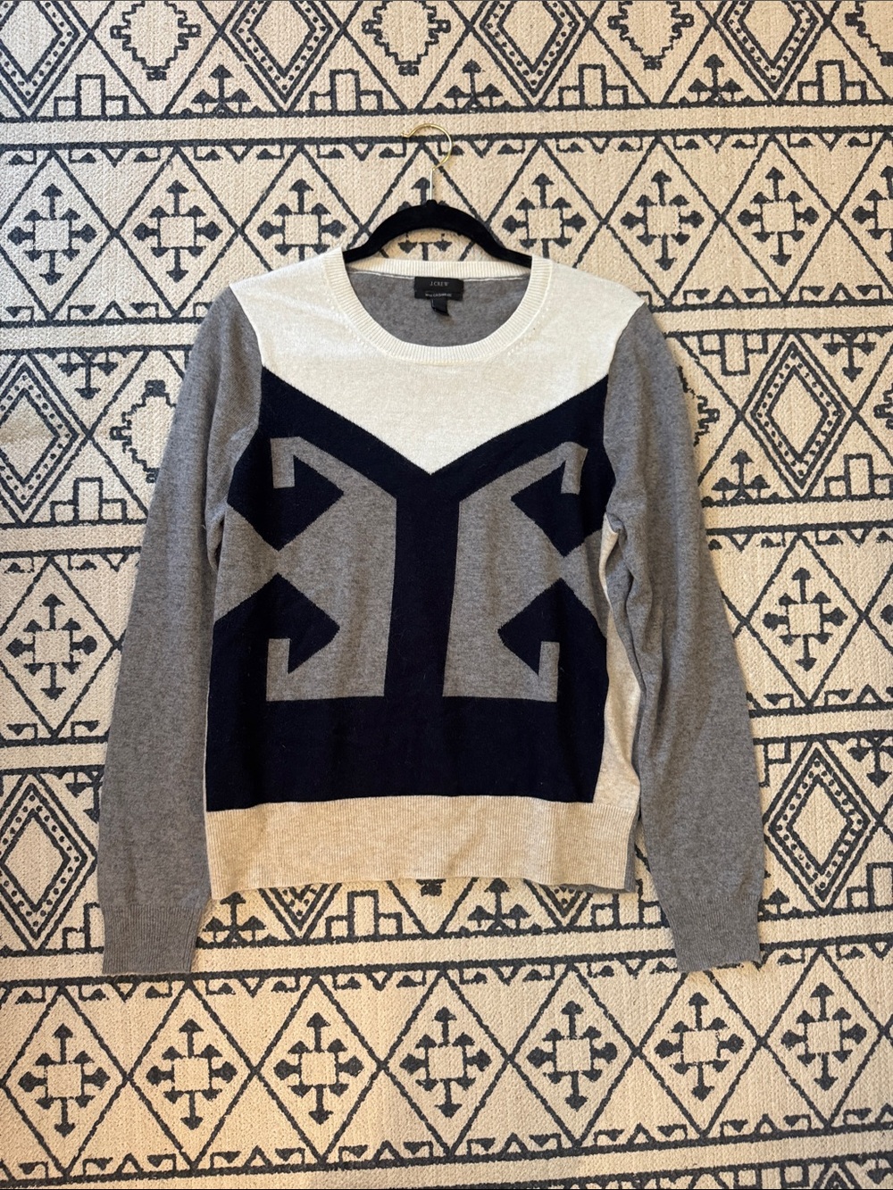 J. Crew Colorblock Crewneck Cashmere Blend Sweater in Black, Gray & Cream